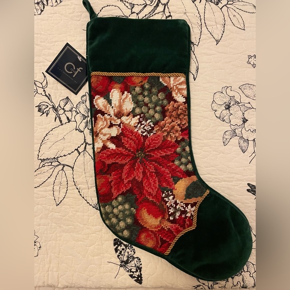 Vintage Christmas Poinsettia Flower Handmade Needlepoint Stocking RARE NWT